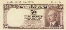 Turkey, 50 Kurush, 1942-1944, UNC, p133, PROOF
Only front proof
Estimate: $50-100