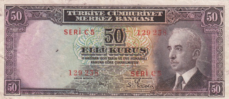 Turkey, 50 Kurush, 1942-1944, XF, p133, RARE "C" PREFIX
serial number: C5 12923...