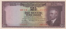 Turkey, 2 1/2 Lira, 1947, UNC, p140
serial number: A26 204272, İsmet İnönü portrait
Estimate: $750-1500