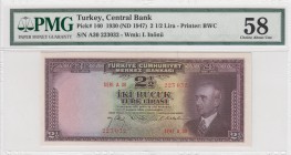 Turkey, 2 1/2 Lira, 1947, AUNC, p140
PMG 58, serial number: A30 223032, İsmet İnönü portrait
Estimate: $400-800