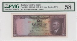 Turkey, 2 1/2 Lira, 1947, AUNC, p140
PMG 58, serial number: B14 203636, İsmet İnönü portrait
Estimate: $400-800