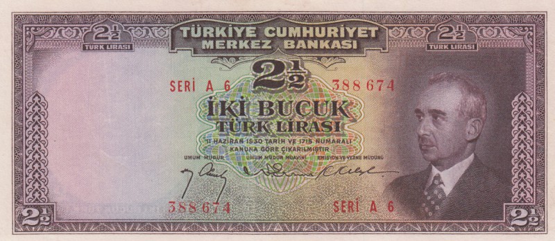 Turkey, 2 1/2 Lira, 1947, AUNC, p140
serial number: A6 388674
Estimate: $150-3...