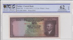Turkey, 2,5 Lira, 1947, UNC, p140
PCGS 62 OPQ, serial number: A48 206861
Estimate: $500-1000