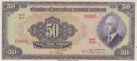 Turkey, 50 Lira, 1942, AUNC, p142
serial number: R19 16995, pressed
Estimate: $500-1000