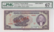 Turkey, 50 Lira, 1947, UNC, p143a, SPECIMEN
PMG 67 EPQ, serial number: E1 00000
Estimate: $250-500