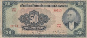 Turkey, 50 Lira, 1947, POOR, p142A 
Serial number: C17 39713
Estimate: $50-100