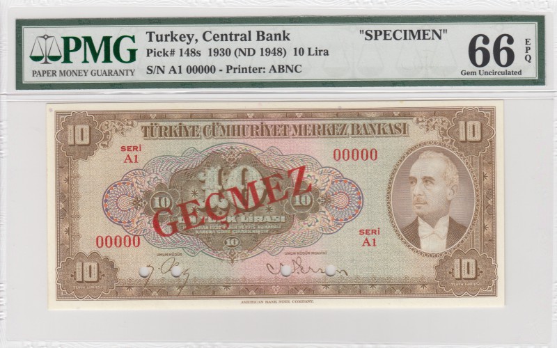 Turkey, 10 Lira, 1948, UNC, p148, SPECIMEN
PMG 66 EPQ, serial number: A1 00000...