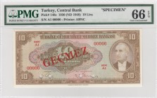 Turkey, 10 Lira, 1948, UNC, p148, SPECIMEN
PMG 66 EPQ, serial number: A1 00000
Estimate: $200-400