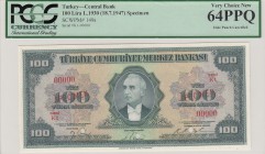 Turkey, 100 Lira, 1947, UNC, p149, SPECIMEN
PCGS 64 EPQ, serial number: K1 00000
Estimate: $500-1000