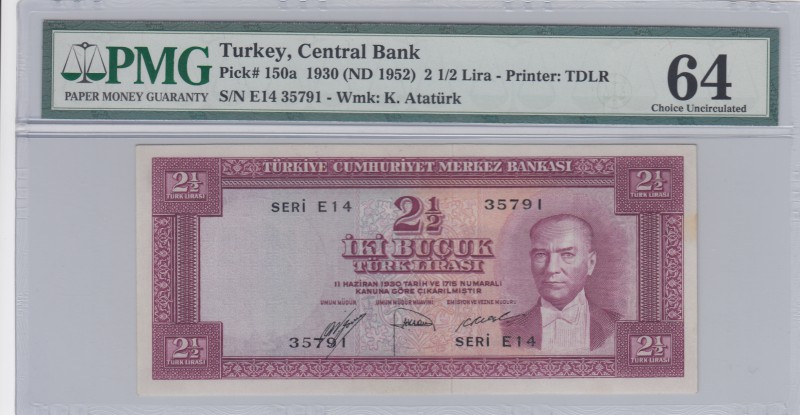 Turkey, 2 1/2 Lira, 1952, UNC, p150
PMG 64, serial number: E14 35791
Estimate:...