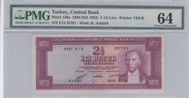 Turkey, 2 1/2 Lira, 1952, UNC, p150
PMG 64, serial number: E14 35791
Estimate: $2500-5000