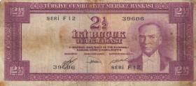 Turkey, 2 1/2 Lira, 1952, POOR, p150
serial number: F12 39606
Estimate: $10-20