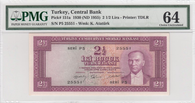 Turkey, 2 1/2 Lira, 1955, UNC, p151
PMG 64, serial number: P5 25551
Estimate: ...