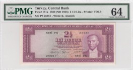 Turkey, 2 1/2 Lira, 1955, UNC, p151
PMG 64, serial number: P5 25551
Estimate: $750-1500