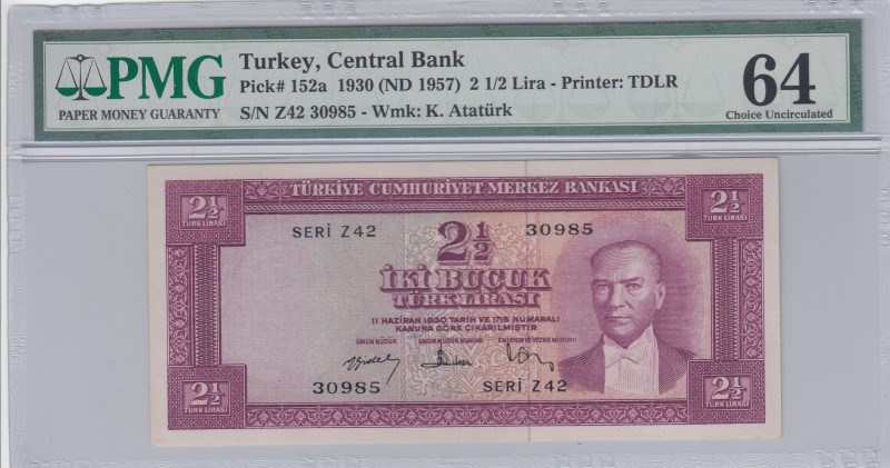 Turkey, 2 1/2 Lira, 1957, UNC, p152
PMG 64, serial number: Z42 30985
Estimate:...