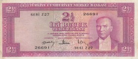 Turkey, 2 1/2 Lira, 1957, VF (+), p152
Serial Number: U47 91036, pressed
Estimate: $50-100