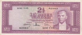 Turkey, 2 1/2 Lira, 1957, ÇOK ÇOK TEMİZ , p152
serial number: V45 82983, pressed
Estimate: $50-100