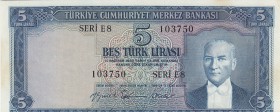 Turkey, 5 Lira, 1959, AUNC, p155
serial number: E8 103750, Atatürk portrait.
Estimate: $50-100