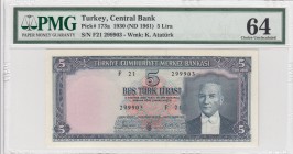 Turkey, 5 Lira, 1961, UNC, p173
PMG 64, serial number: F21 299903
Estimate: $500-1000
