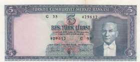 Turkey, 5 Lira, 1965, UNC, p174
serial number: G33 429612
Estimate: $300-600