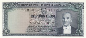 Turkey, 5 Lira, 1965, UNC, p174
serial number: H21 383026
Estimate: $300-600