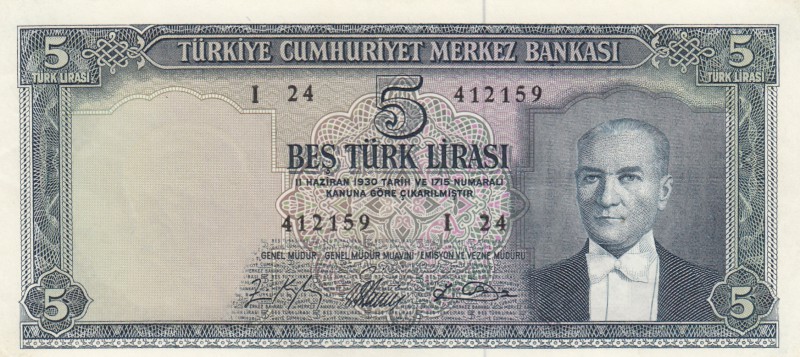 Turkey, 5 Lira, 1965, UNC, p174
serial number: I24 412159
Estimate: $300-600