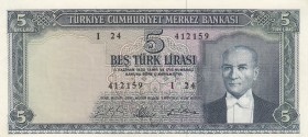 Turkey, 5 Lira, 1965, UNC, p174
serial number: I24 412159
Estimate: $300-600