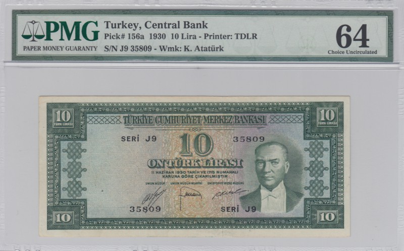 Turkey, 10 Lira, 1952, UNC, p156
PMG 64, serial number: J9 35809
Estimate: $40...