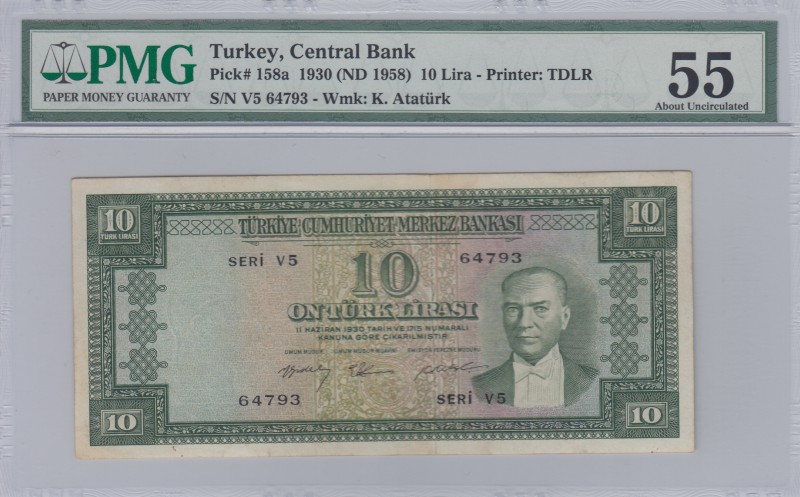 Turkey, 10 Lira, 1958, AUNC, p158
PMG 55, serial number: V5 64793
Estimate: $7...