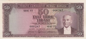 Turkey, 50 Lira, 1956, XF / AUNC, p164,
Pressed, serial number: P7 006287
Estimate: $500-1000