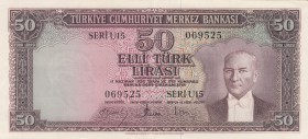Turkey, 50 Lira, 1957, AUNC, p165
serial number: U15 069525, natural
Estimate: $500-1000