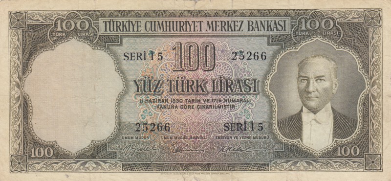 Turkey, 100 Lira, 1956, FINE / VF, p168
serial number: İ15 25266
Estimate: $25...