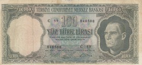 Turkey, 100 Lira, 1964, POOR, p177
serial number: G59 048508, pressed
Estimate: $10-20