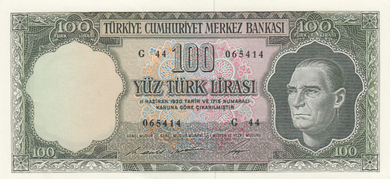 Turkey, 100 Lira, 1969, UNC, p182
serial number: G44 065414
Estimate: $1000-20...