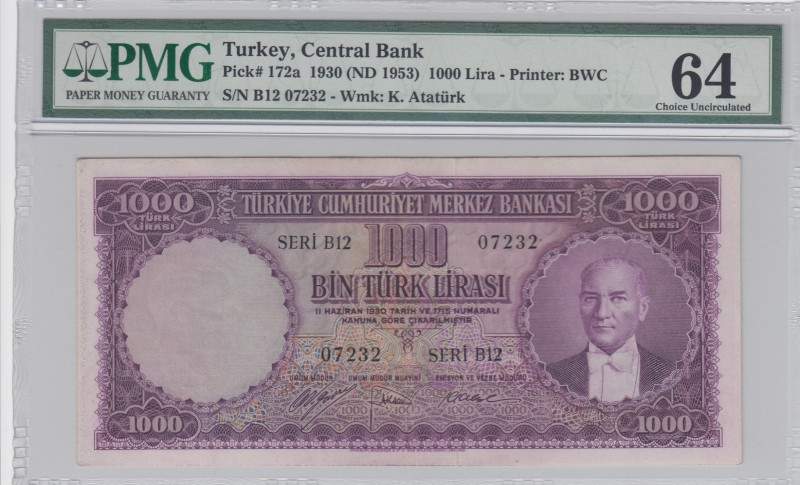 Turkey, 1000 Lira, 1953, UNC, p172
PMG 64, serial number: B12 07232
Estimate: ...