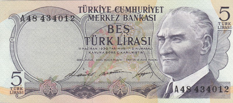 Turkey, 5 Lira, 1968, UNC, p179
serial number: A48 434012, "A" first prefix
Es...