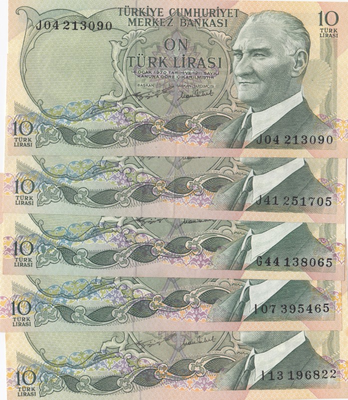 Turkey, 10 Lira, 1975, AUNC, p186, (Total 5 banknotes)
prefix numbers: G44, J04...