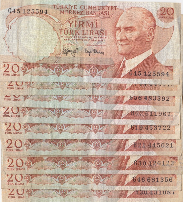 Turkey, 20 Lira, 1979, VF, p187, (Total 9 banknotes)
Estimate: $5-10