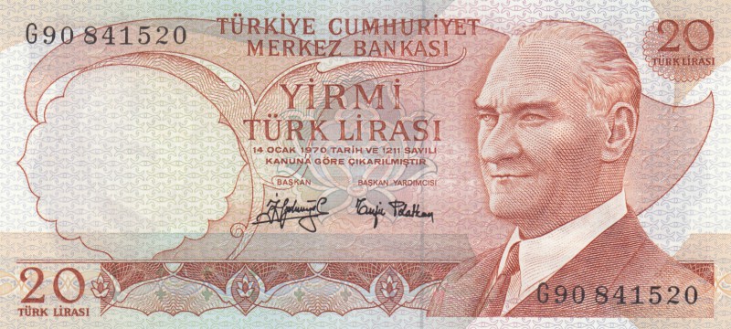 Turkey, 20 Lira, 1979, UNC, p187, "G90"
serial number: G90 841520, Last prefix...