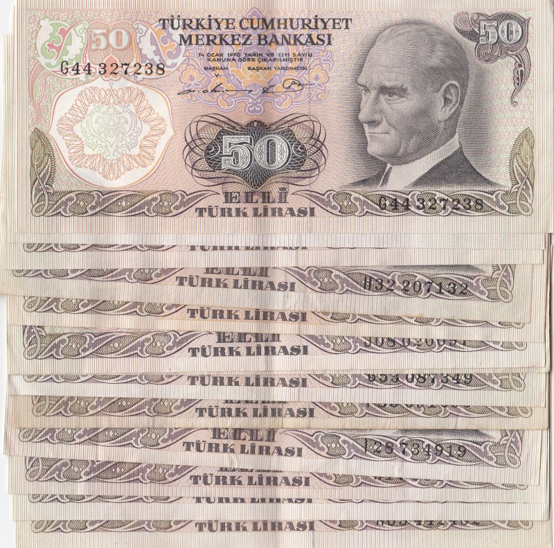 Turkey, 50 Lira, 1976-1983, VF / XF, p187Aa / p187Ab, (Total 13 banknotes)
Esti...