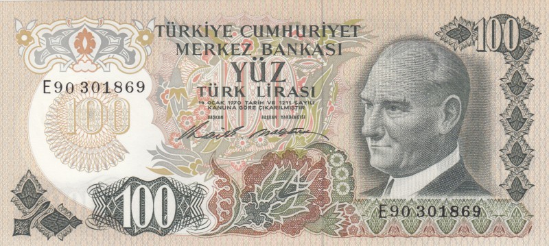 Turkey, 100 Lira, 1972, UNC, p189, "E90"
serial number: E90 301869, last prefix...