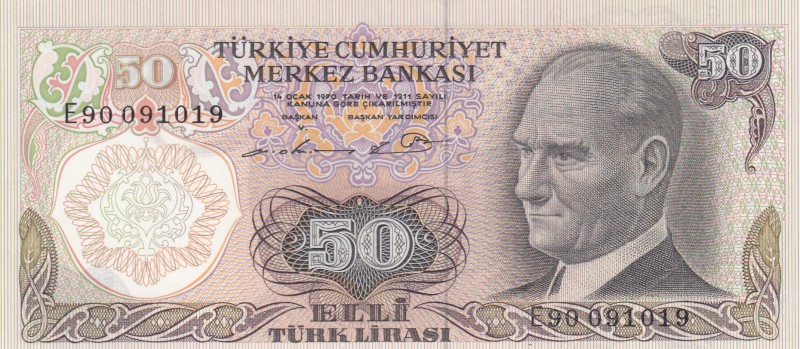 Turkey, 50 Lira, 1976, UNC, p187Aa, "E90"
serial number: E90 091019, Last prefi...