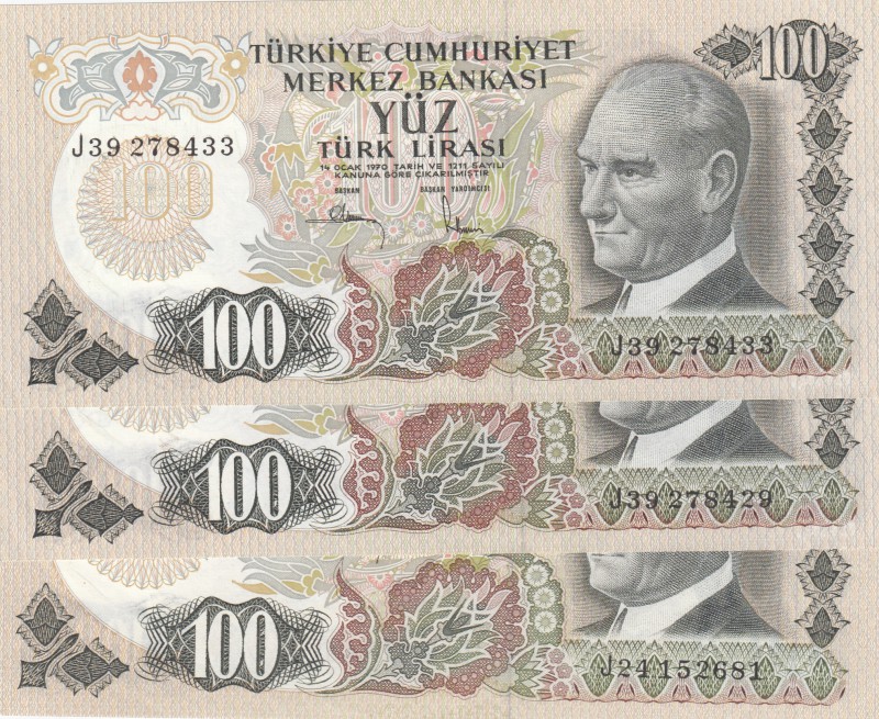 Turkey, 100 Lira, 1983, UNC, p189, (Total 3 banknotes)
serial numbers: J24 1526...