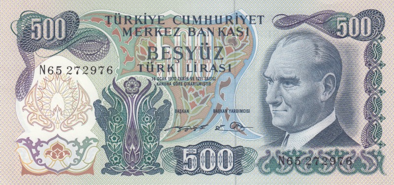 Turkey, 500 Lira, 1974, AUNC, p190e
serial number: N65 272976
Estimate: $10-20