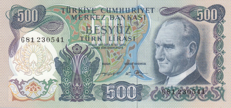 Turkey, 500 Lira, 1974, UNC, p190c
serial number: G81 230541
Estimate: $75-150