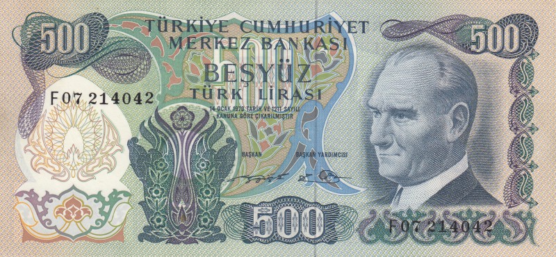 Turkey, 500 Lira, 1974, AUNC, p190e
serial number: F07 214042, pressed
Estimat...