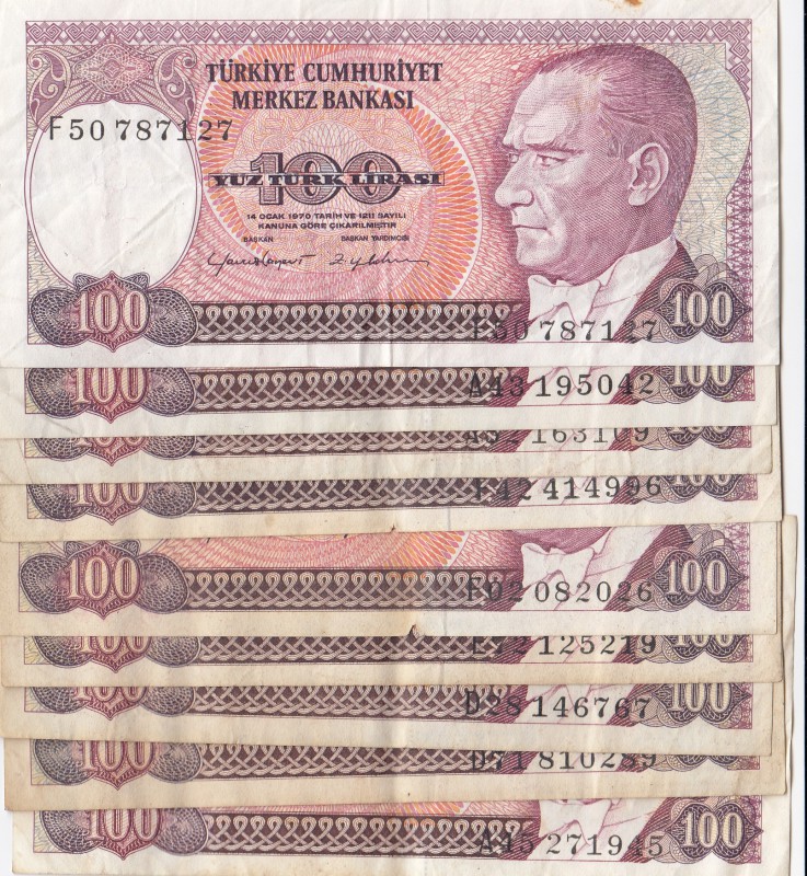 Turkey, 100 Lira, 1983-1984, VF, p194, (Total 9 banknotes)
Estimate: $5-10