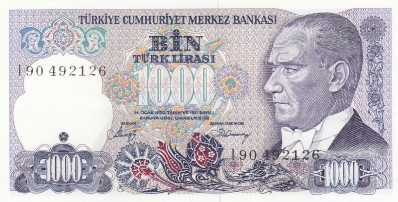 Turkey, 1.000 Lira, 1988, UNC, p196, "I90"
serial number: I90 492126, last pref...