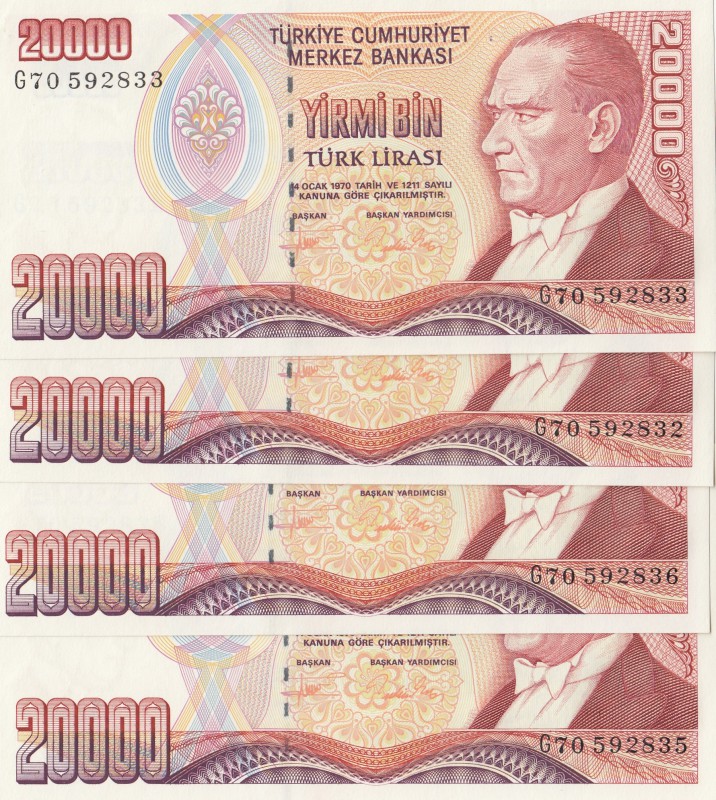 Turkey, 20.000 Lira, 1995, UNC, p202, (Total 4 banknotes)
serial numbers: G70 5...