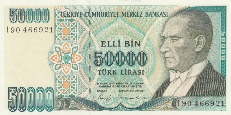 Turkey, 50.000 Lira, 1989, UNC, p203, "I90"
serial number: I90 466921, last pre...